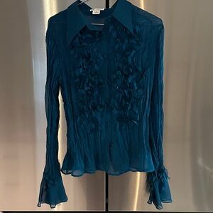 solo Teal Ruffle Front Button-Up Blouse